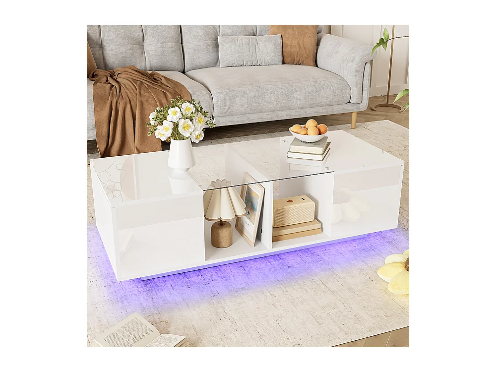 Table basse avec éclairage LED plateau brillant Blanc
