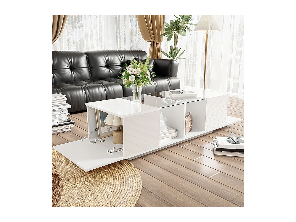 Table basse avec éclairage LED plateau brillant Blanc