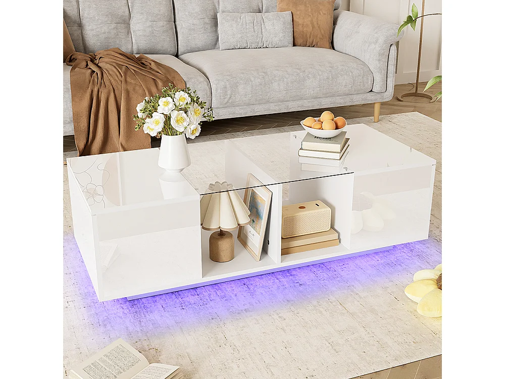 Table basse avec éclairage LED plateau brillant Blanc