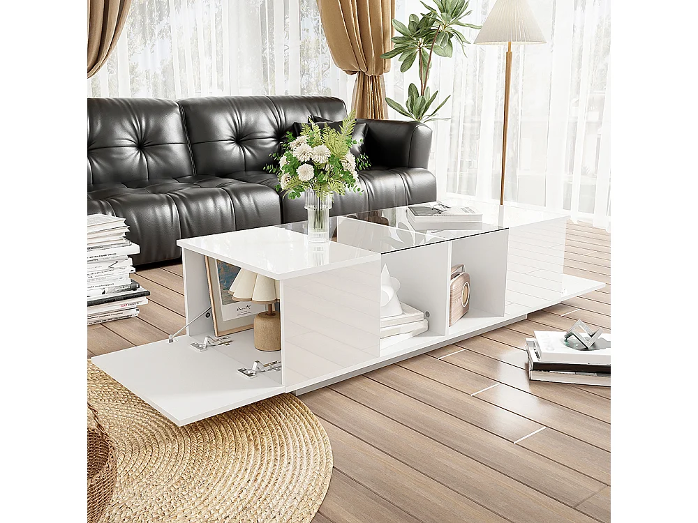 Table basse avec éclairage LED plateau brillant Blanc