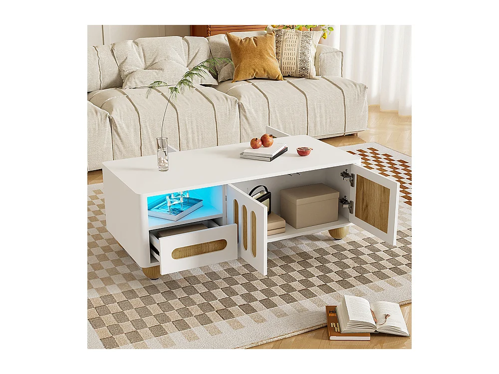 Table basse moderne avec 4 portes 2 tiroirs et compartiment ouvert éclairage LED Coins arrondis pieds de table sphériques Blanc