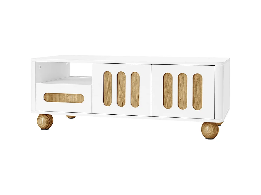 Table basse moderne avec 4 portes 2 tiroirs et compartiment ouvert éclairage LED Coins arrondis pieds de table sphériques Blanc
