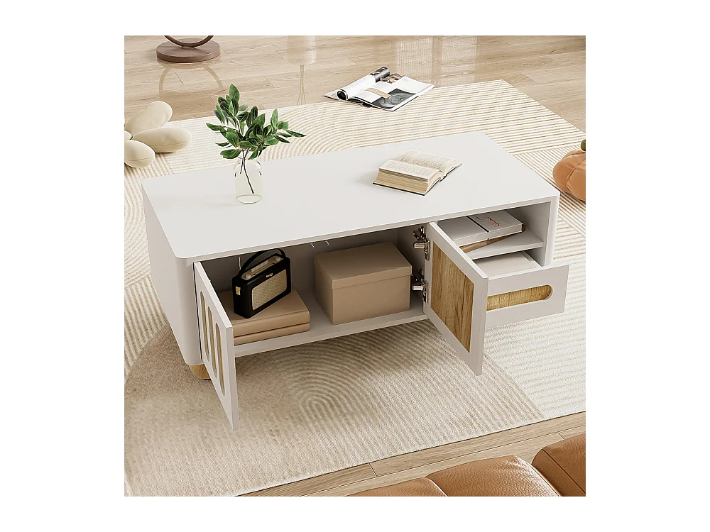 Table basse moderne avec 4 portes 2 tiroirs et compartiment ouvert éclairage LED Coins arrondis pieds de table sphériques Blanc