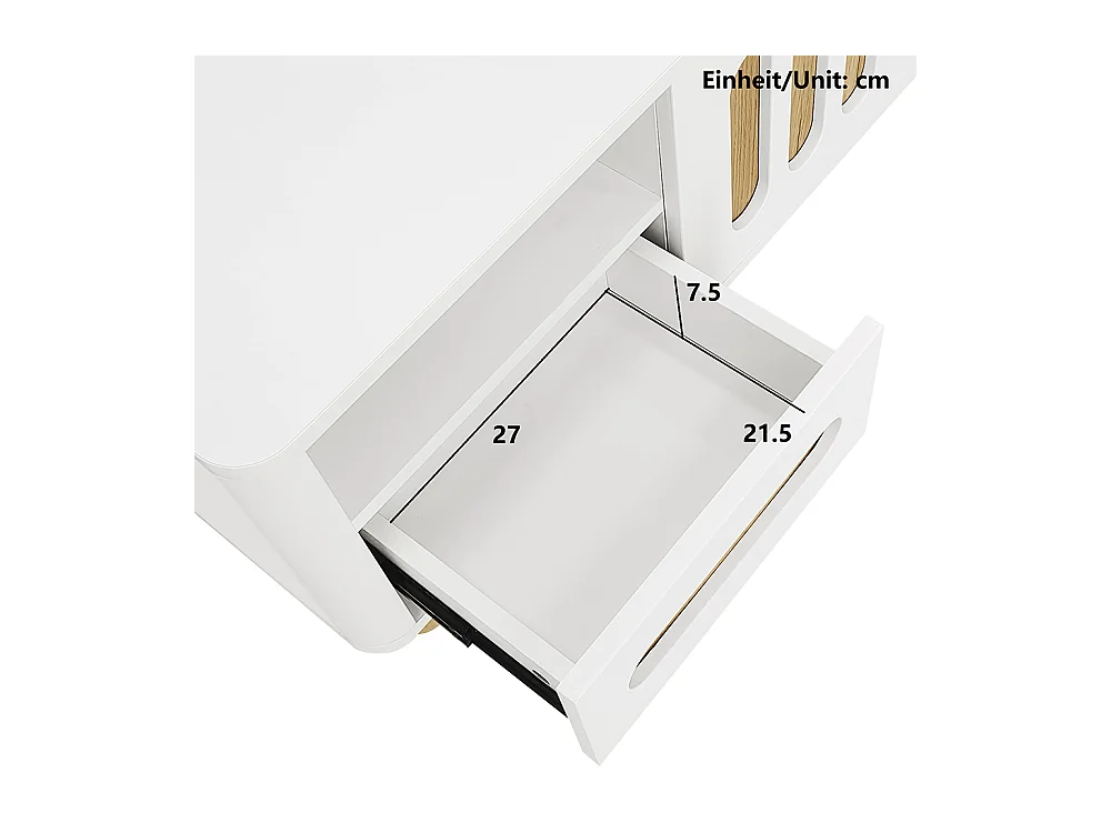 Table basse moderne avec 4 portes 2 tiroirs et compartiment ouvert éclairage LED Coins arrondis pieds de table sphériques Blanc