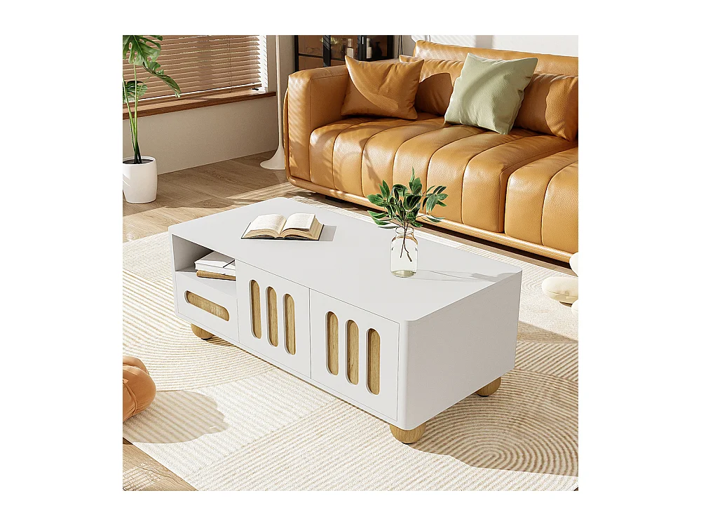 Table basse moderne avec 4 portes 2 tiroirs et compartiment ouvert éclairage LED Coins arrondis pieds de table sphériques Blanc