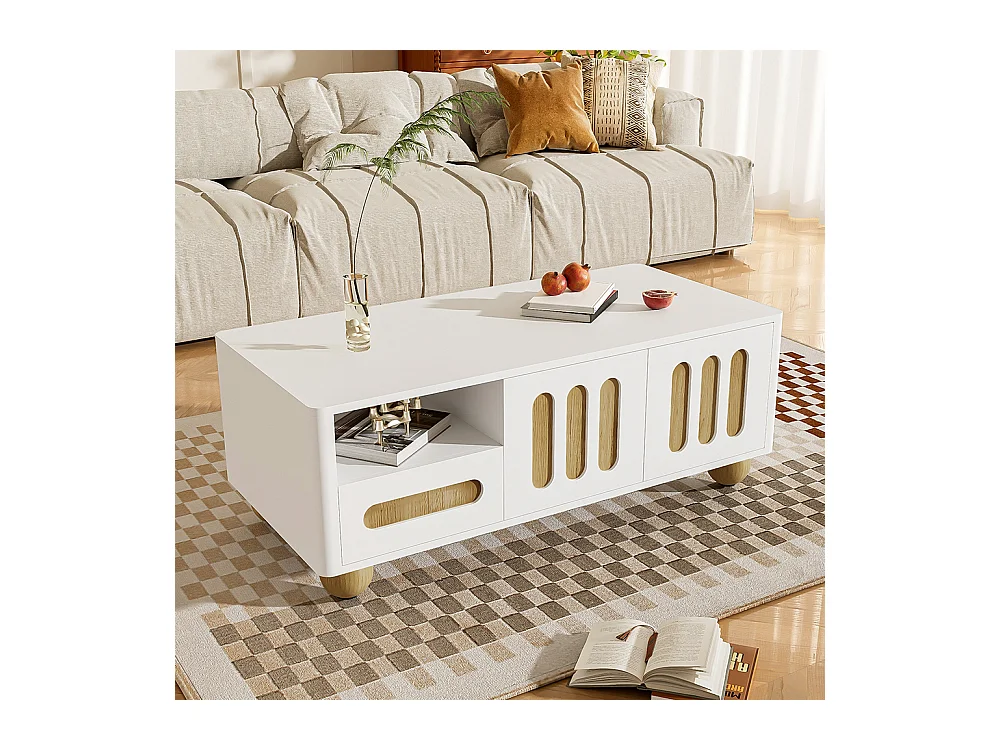 Table basse moderne avec 4 portes 2 tiroirs et compartiment ouvert éclairage LED Coins arrondis pieds de table sphériques Blanc