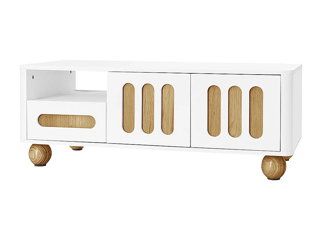 Table basse moderne avec 4 portes 2 tiroirs et compartiment ouvert éclairage LED Coins arrondis pieds de table sphériques Blanc