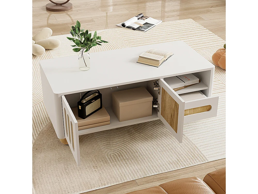 Table basse moderne avec 4 portes 2 tiroirs et compartiment ouvert éclairage LED Coins arrondis pieds de table sphériques Blanc