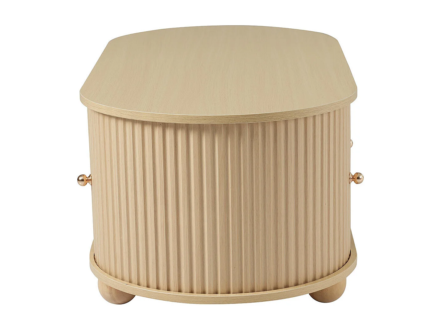 Table basse ovale couleur bois avec espace de rangement et portes coulissantes meuble multifonctionnel peu encombrant