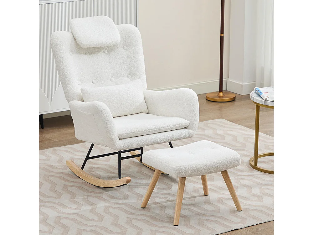 Fauteuil à bascule avec tabouret fauteuil de détente avec accoudoirs tissu en velours blanc