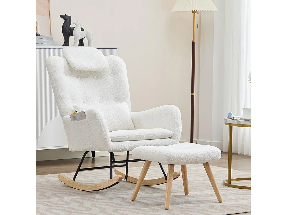 Fauteuil à bascule avec tabouret fauteuil de détente avec accoudoirs tissu en velours blanc