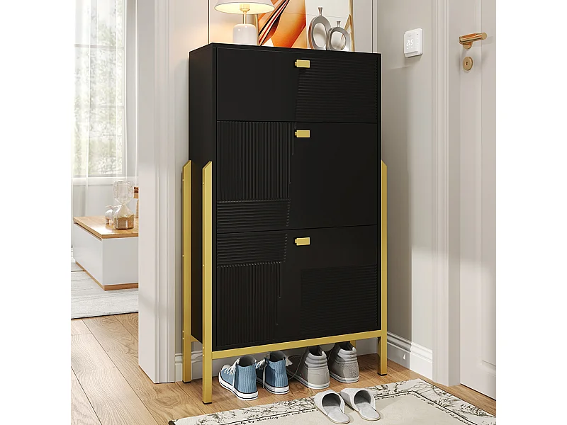 Meubles à chaussures avec tiroirs double étagère à chaussures avec poignées et pieds Dorés Noir
