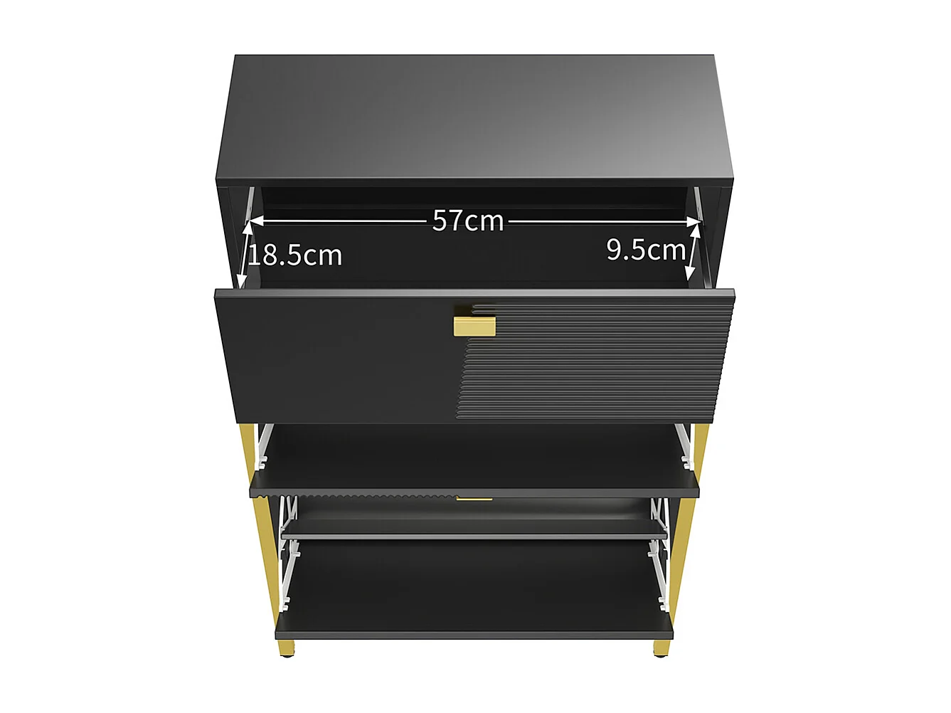 Meubles à chaussures avec tiroirs double étagère à chaussures avec poignées et pieds Dorés Noir