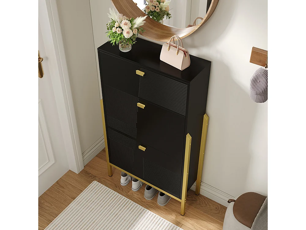 Meubles à chaussures avec tiroirs double étagère à chaussures avec poignées et pieds Dorés Noir