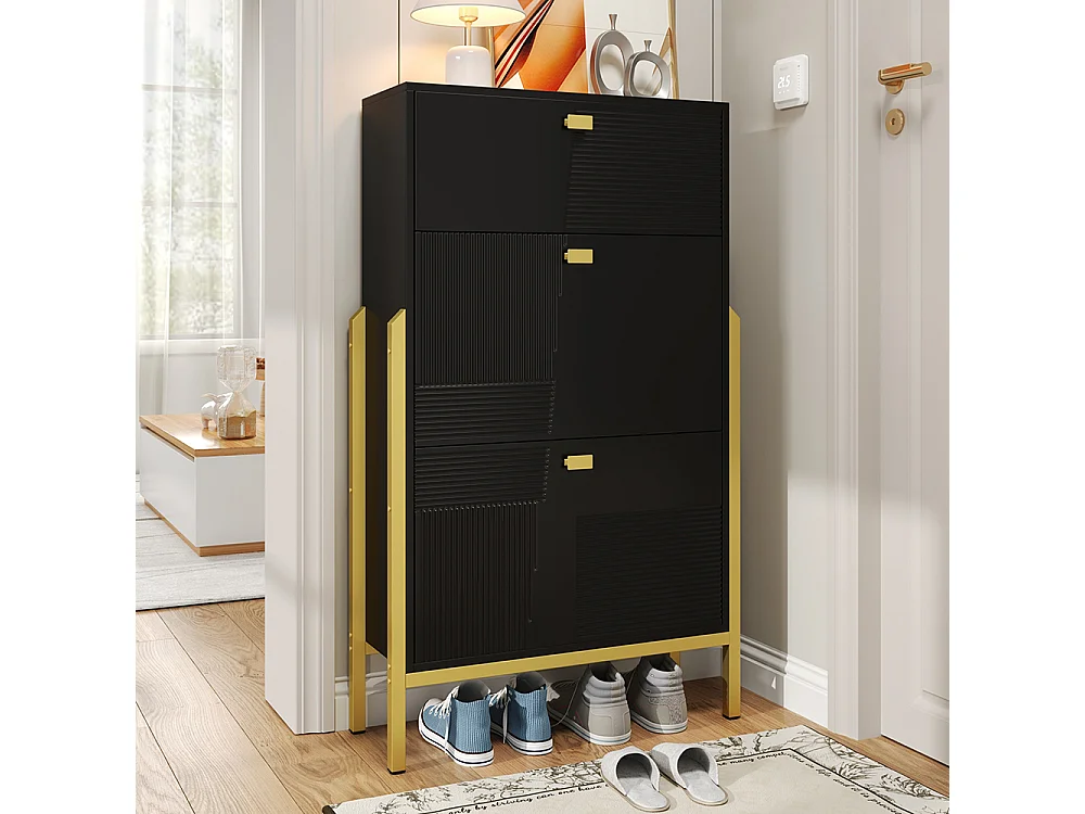 Meubles à chaussures avec tiroirs double étagère à chaussures avec poignées et pieds Dorés Noir