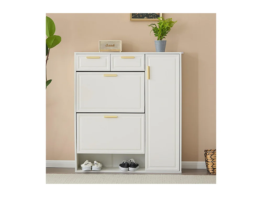 Meubles à chaussures avec étagères réglables poignées dorées tiroirs armoire à chaussures pliante et portes Blanc