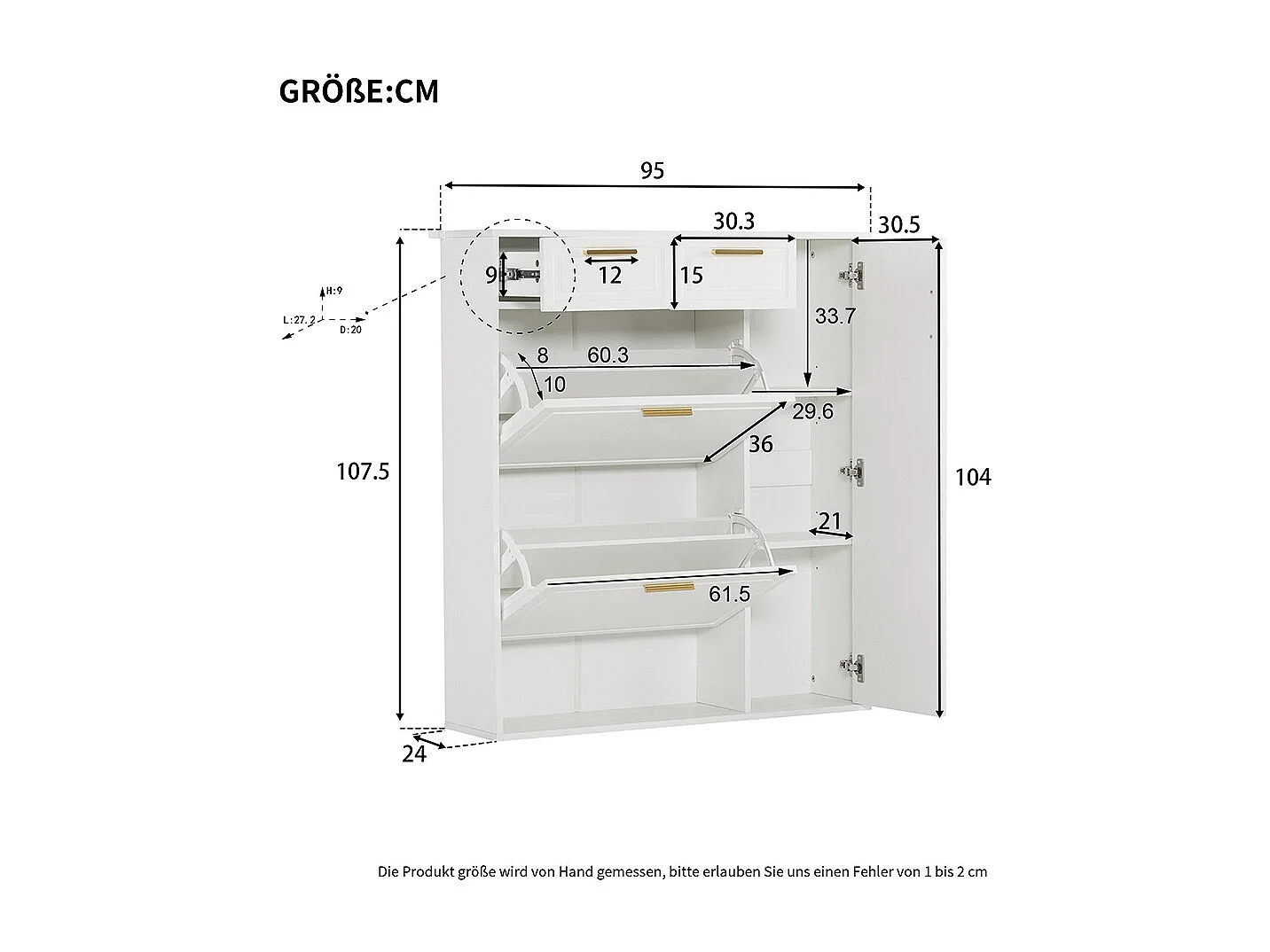 Meubles à chaussures avec étagères réglables poignées dorées tiroirs armoire à chaussures pliante et portes Blanc