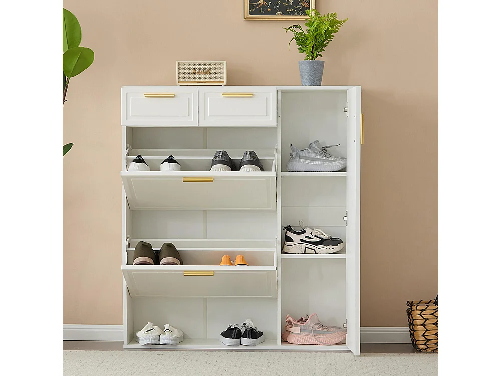 Meubles à chaussures avec étagères réglables poignées dorées tiroirs armoire à chaussures pliante et portes Blanc