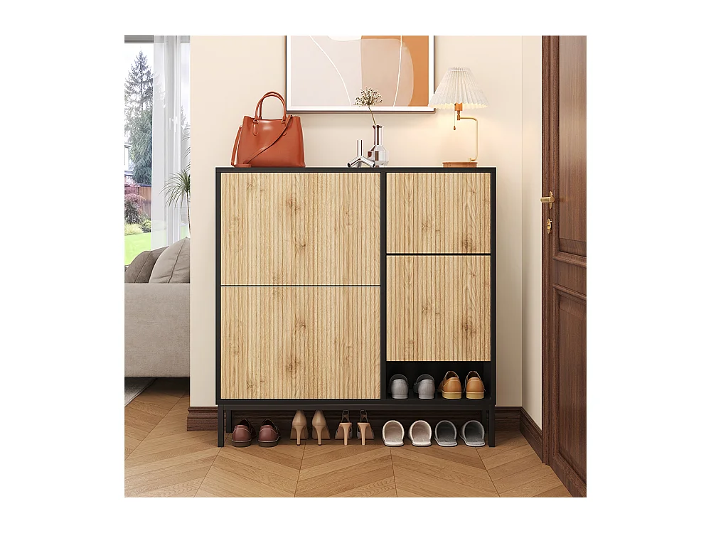 Meubles à chaussures avec tabouret étagère à chaussures avec trois abattants et espace de rangement ouvert Noir