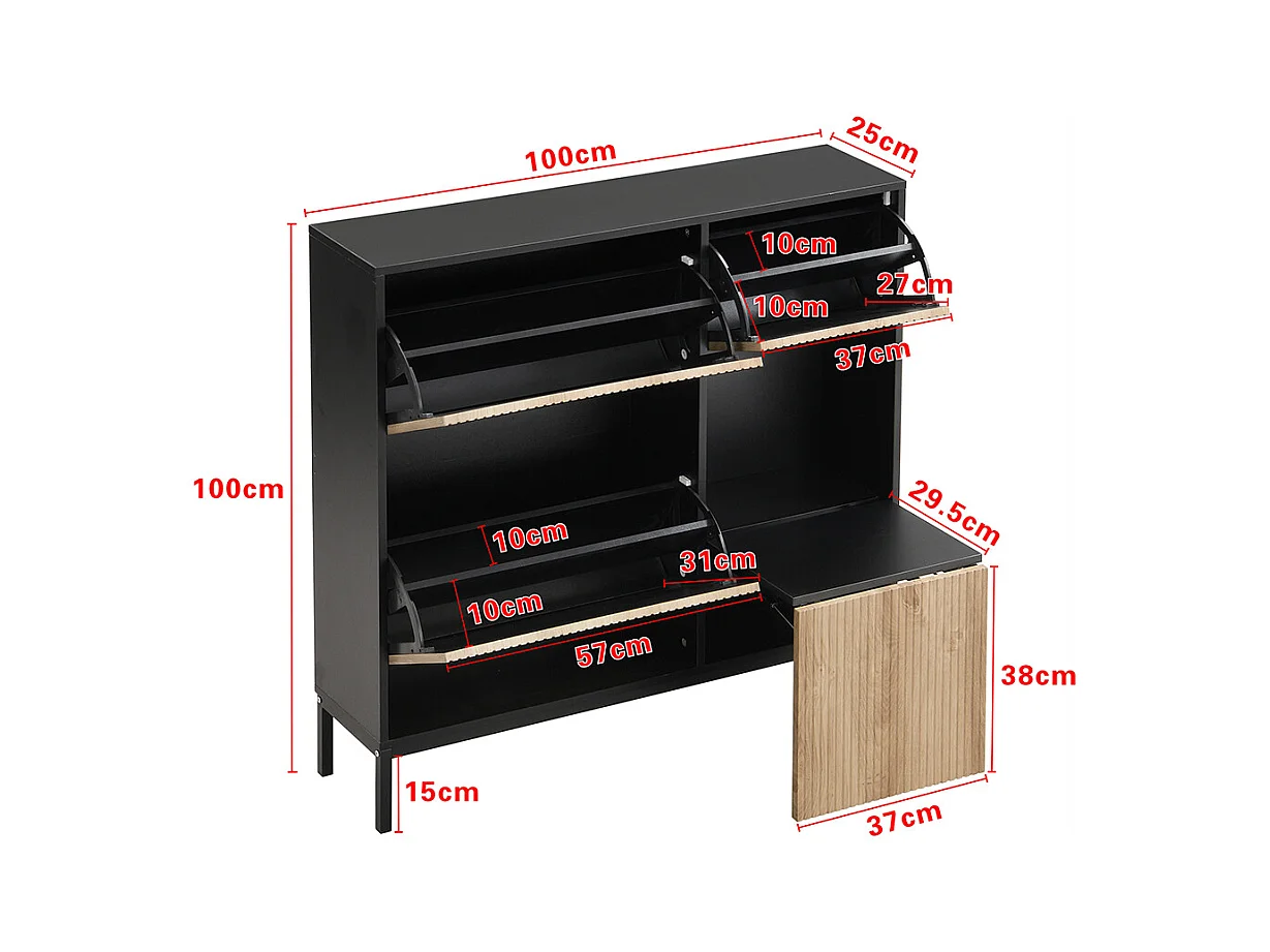 Meubles à chaussures avec tabouret étagère à chaussures avec trois abattants et espace de rangement ouvert Noir
