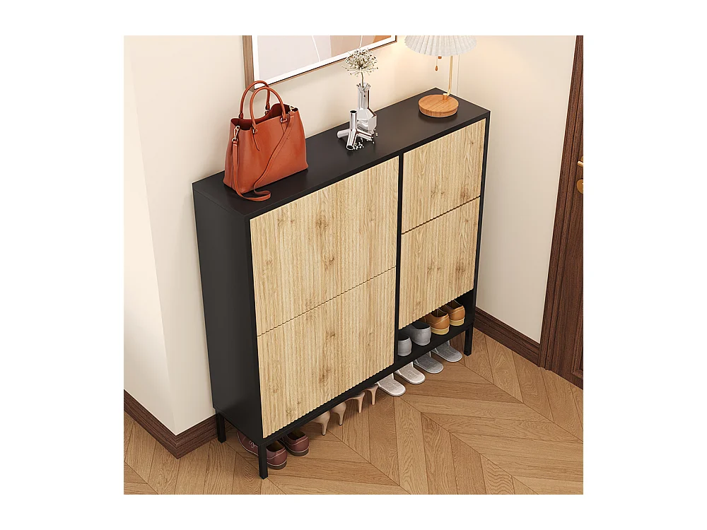 Meubles à chaussures avec tabouret étagère à chaussures avec trois abattants et espace de rangement ouvert Noir