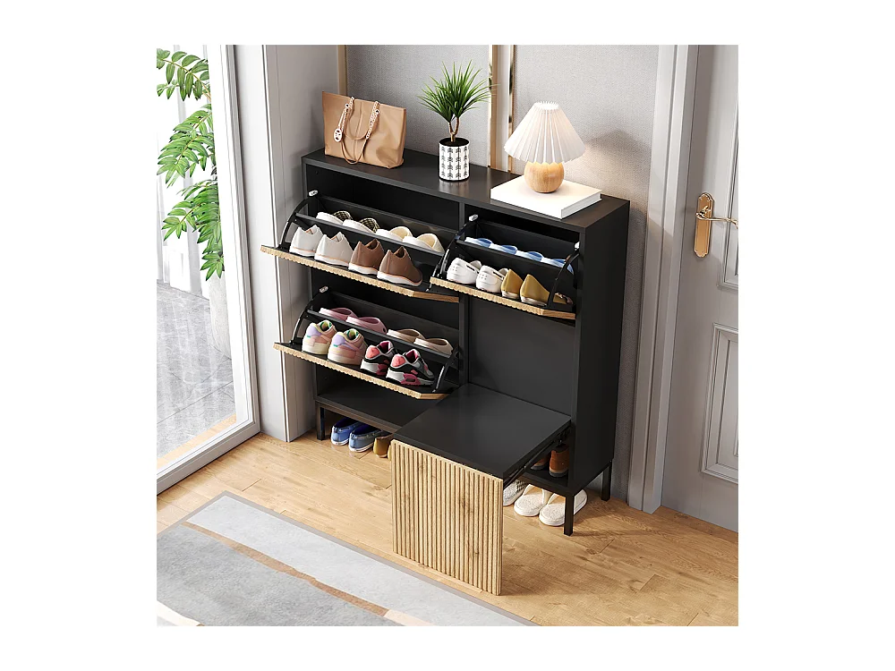 Meubles à chaussures avec tabouret étagère à chaussures avec trois abattants et espace de rangement ouvert Noir