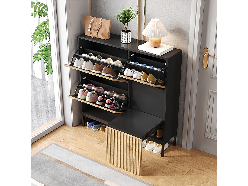 Meubles à chaussures avec tabouret étagère à chaussures avec trois abattants et espace de rangement ouvert Noir