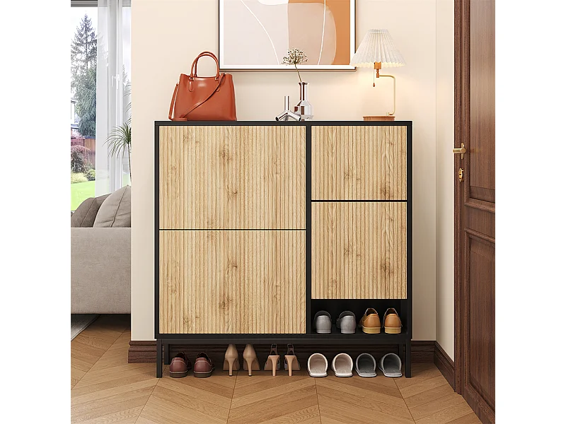 Meubles à chaussures avec tabouret étagère à chaussures avec trois abattants et espace de rangement ouvert Noir