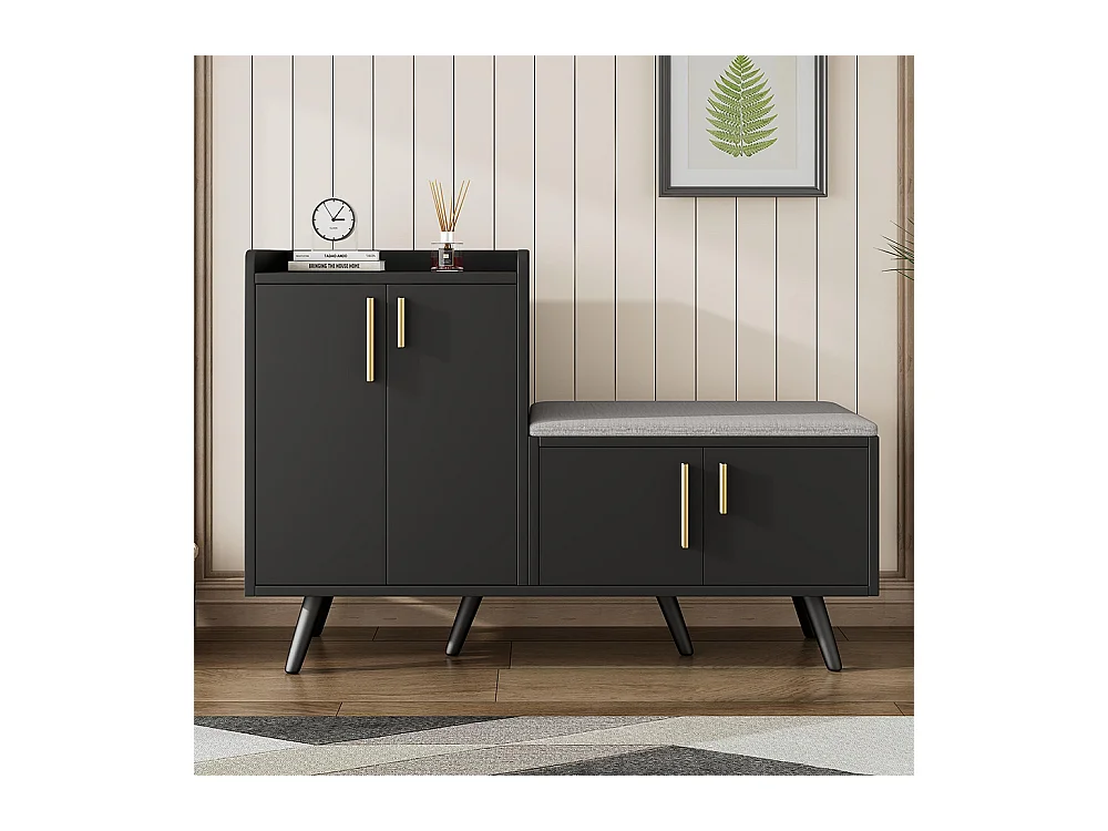 Meubles à chaussures équipé de quatre portes de rangement poignées métalliques asymétriques Noyer Noir