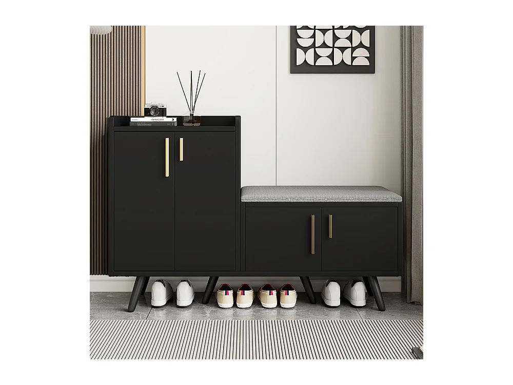 Meubles à chaussures équipé de quatre portes de rangement poignées métalliques asymétriques Noyer Noir