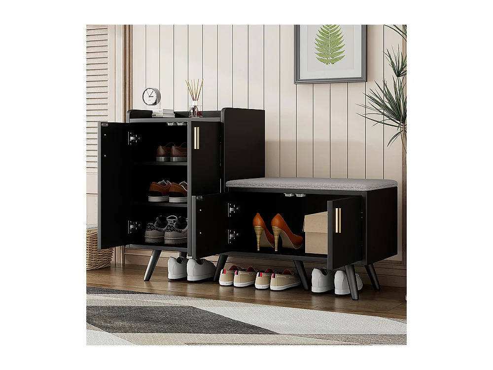 Meubles à chaussures équipé de quatre portes de rangement poignées métalliques asymétriques Noyer Noir