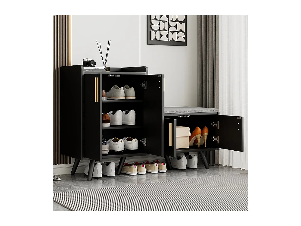 Meubles à chaussures équipé de quatre portes de rangement poignées métalliques asymétriques Noyer Noir