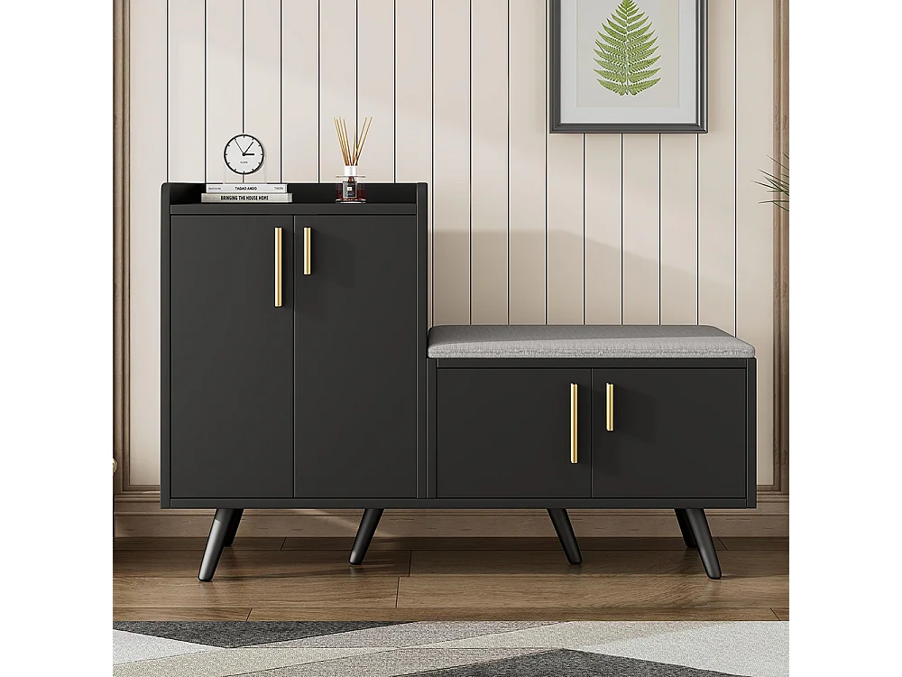 Meubles à chaussures équipé de quatre portes de rangement poignées métalliques asymétriques Noyer Noir