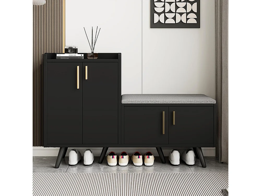 Meubles à chaussures équipé de quatre portes de rangement poignées métalliques asymétriques Noyer Noir