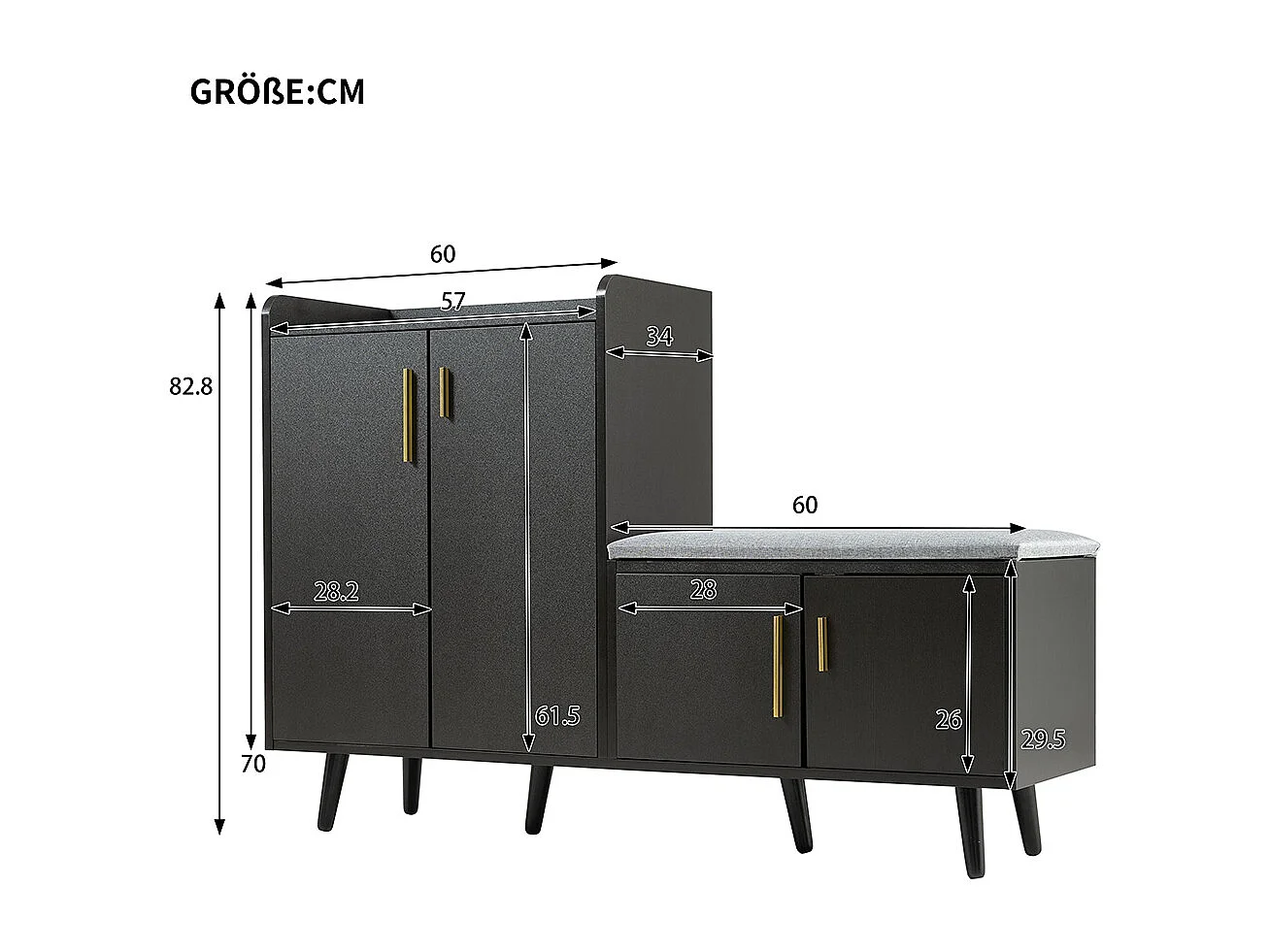 Meubles à chaussures équipé de quatre portes de rangement poignées métalliques asymétriques Noyer Noir