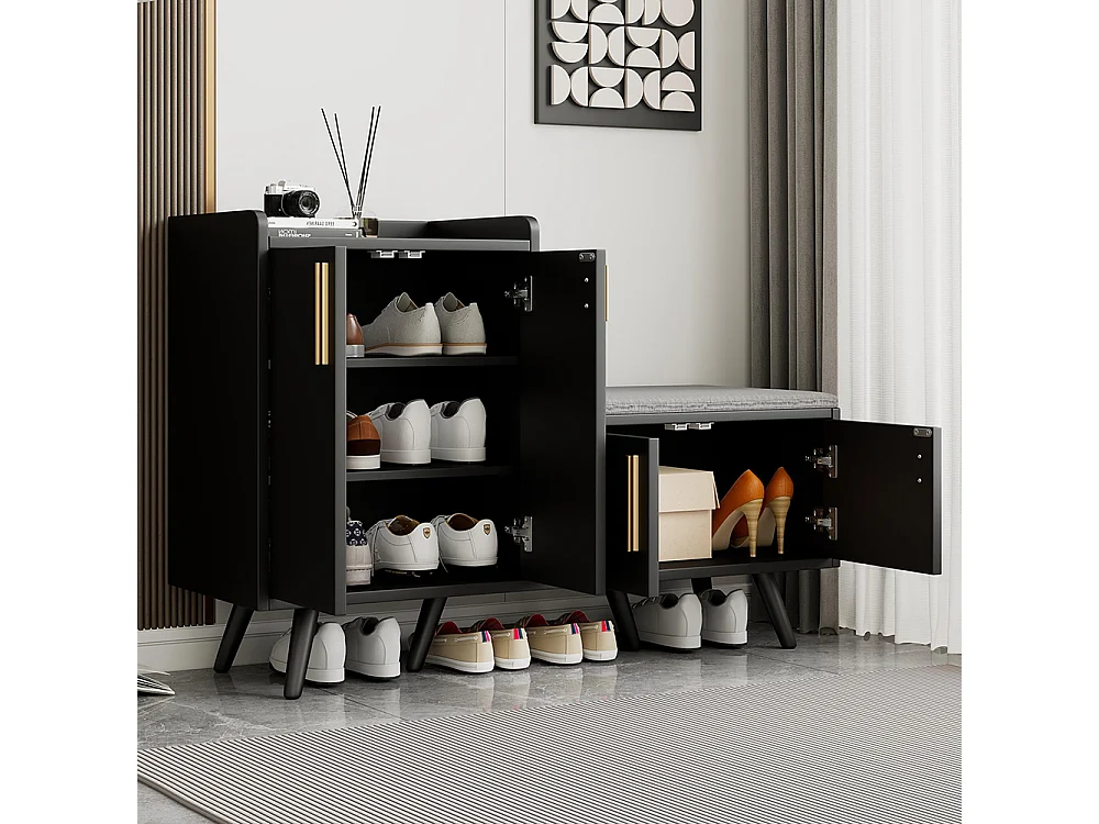 Meubles à chaussures équipé de quatre portes de rangement poignées métalliques asymétriques Noyer Noir