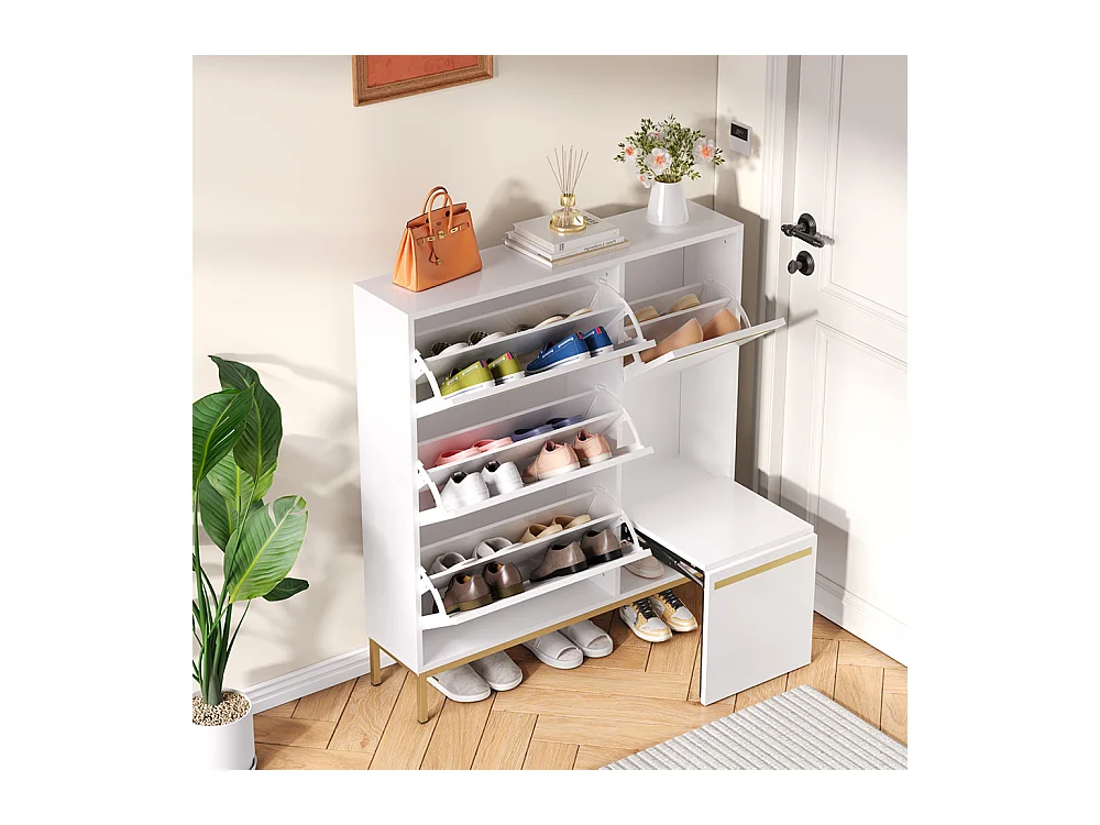 Meubles à chaussures avec tabouret étagère à chaussures à trois volets et espace de rangement ouvert Blanc