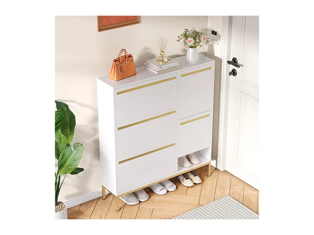 Meubles à chaussures avec tabouret étagère à chaussures à trois volets et espace de rangement ouvert Blanc