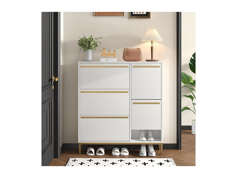 Meubles à chaussures avec tabouret étagère à chaussures à trois volets et espace de rangement ouvert Blanc