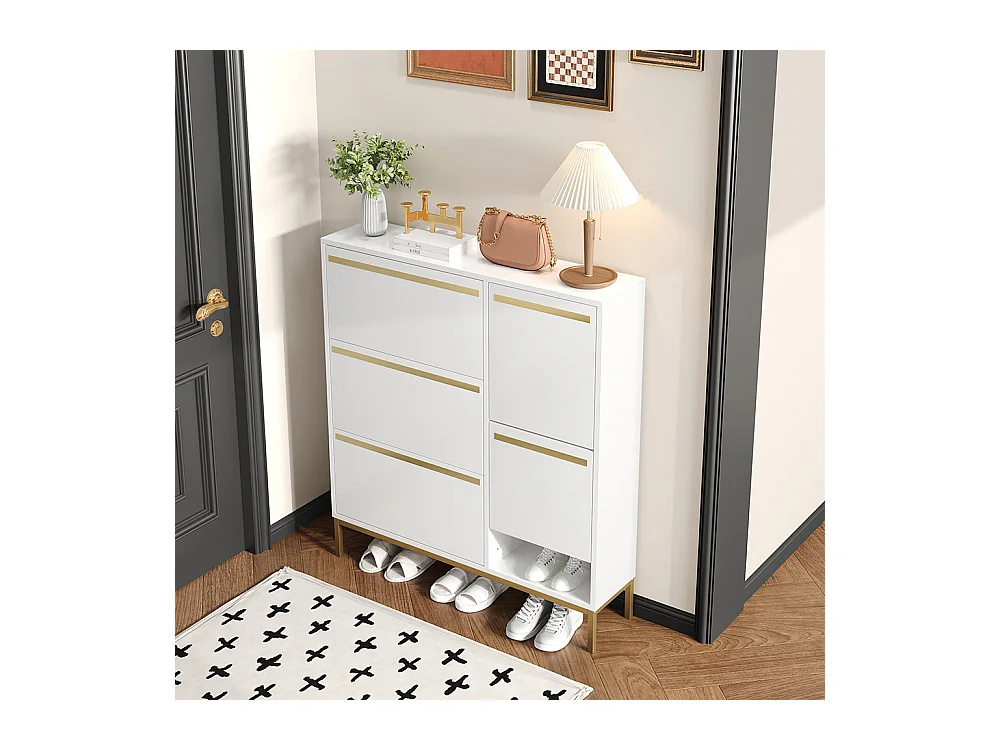 Meubles à chaussures avec tabouret étagère à chaussures à trois volets et espace de rangement ouvert Blanc