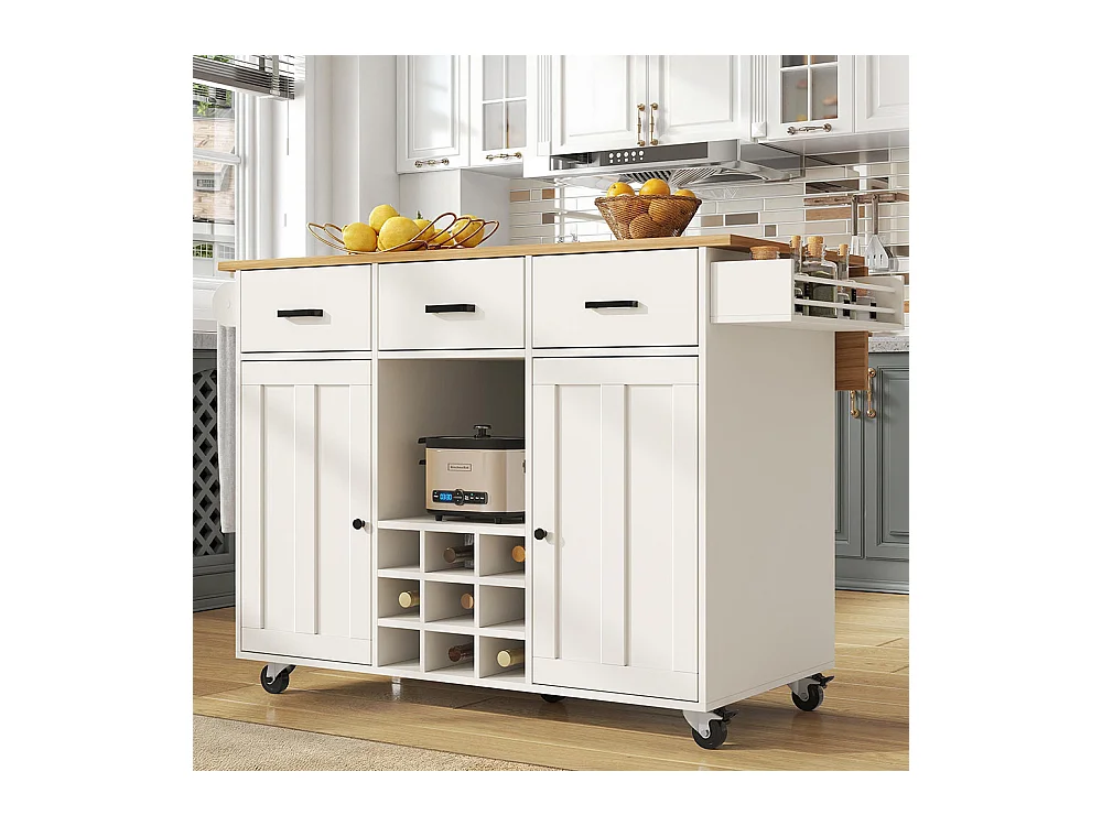 Chariot de service cuisine amovible plan de travail porte-serviettes étagère à épices plateau bois blanc