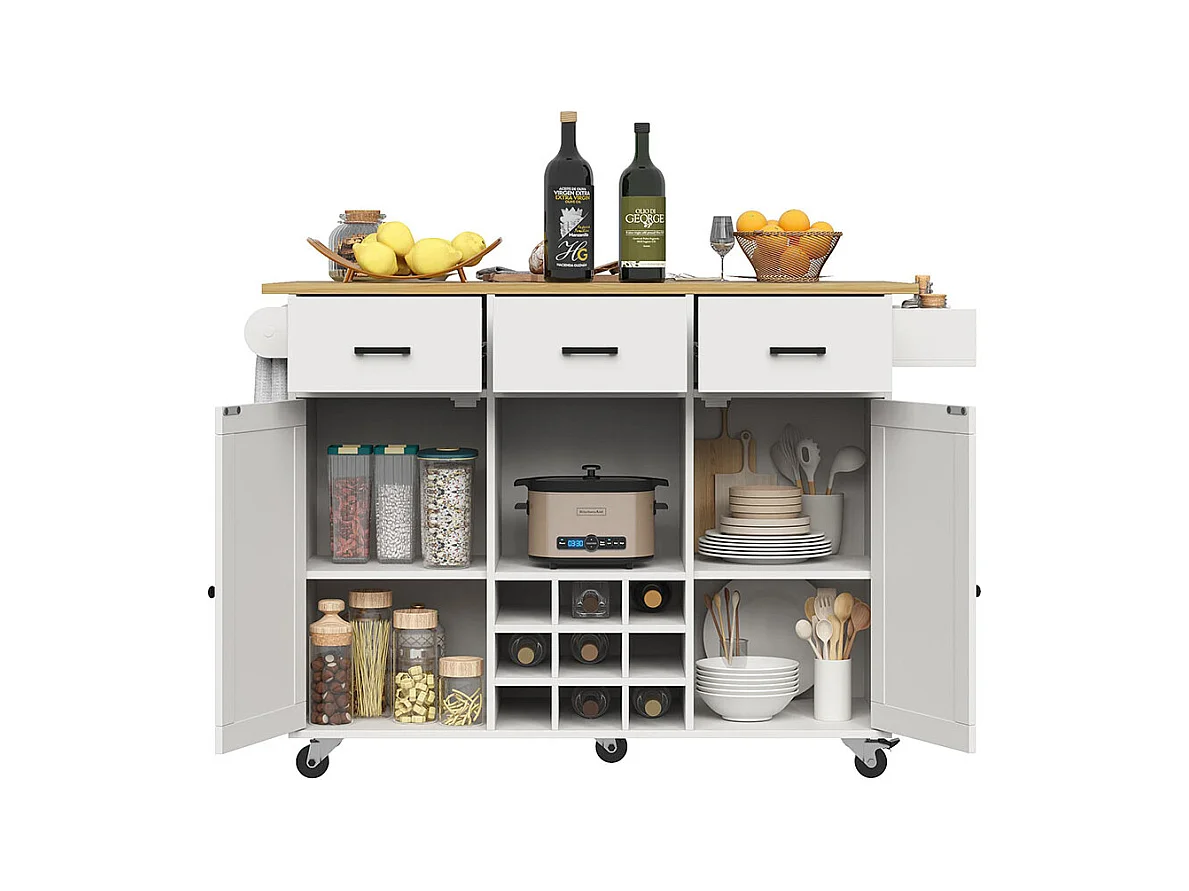 Chariot de service cuisine amovible plan de travail porte-serviettes étagère à épices plateau bois blanc