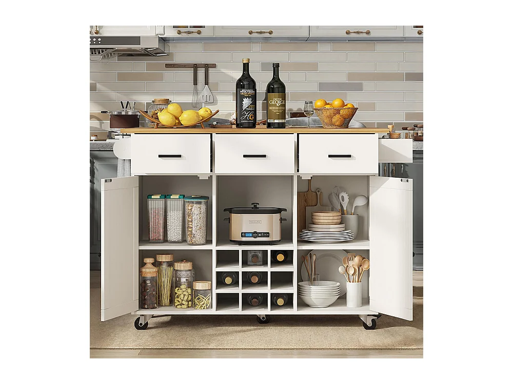 Chariot de service cuisine amovible plan de travail porte-serviettes étagère à épices plateau bois blanc
