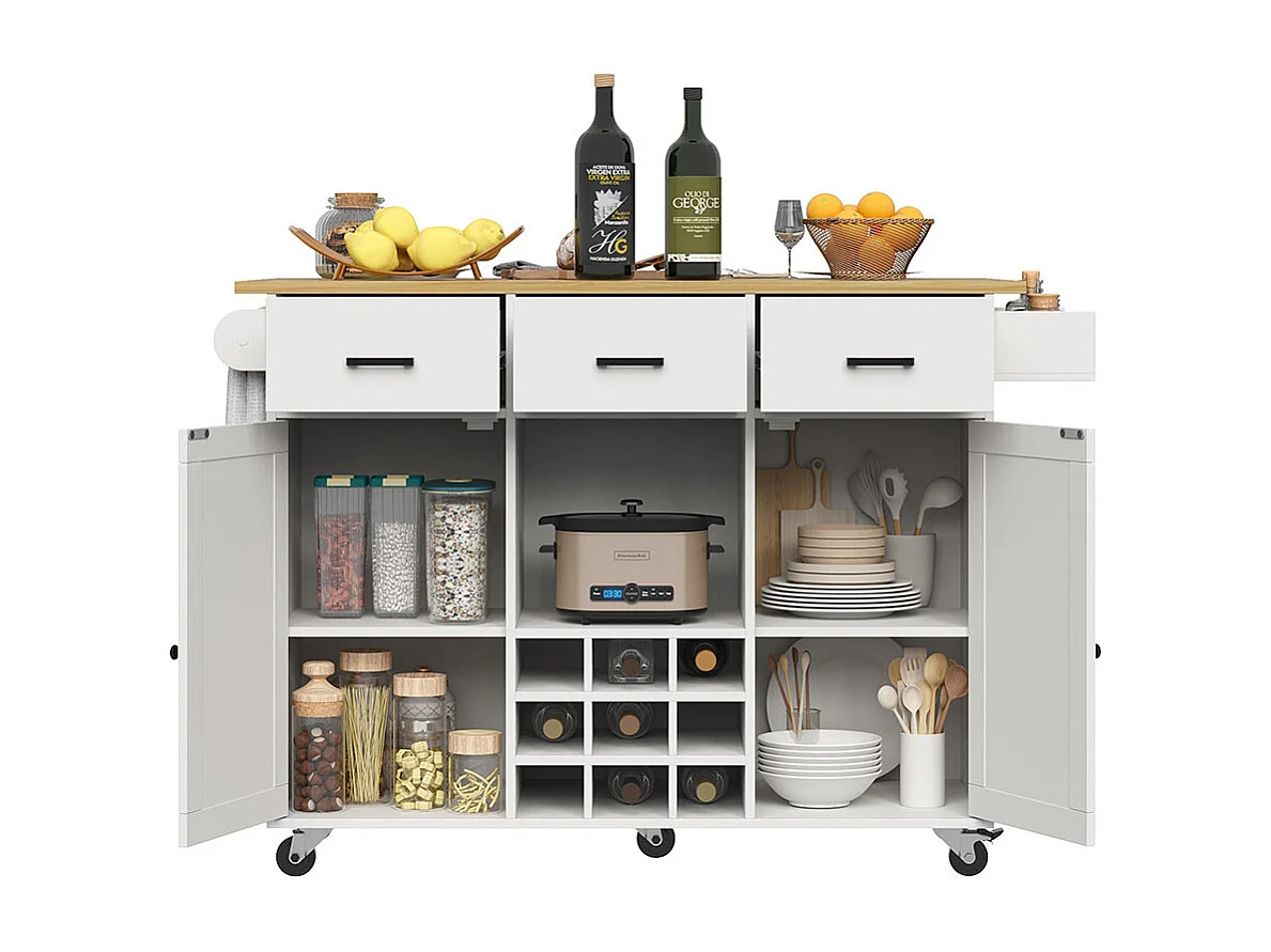 Chariot de service cuisine amovible plan de travail porte-serviettes étagère à épices plateau bois blanc