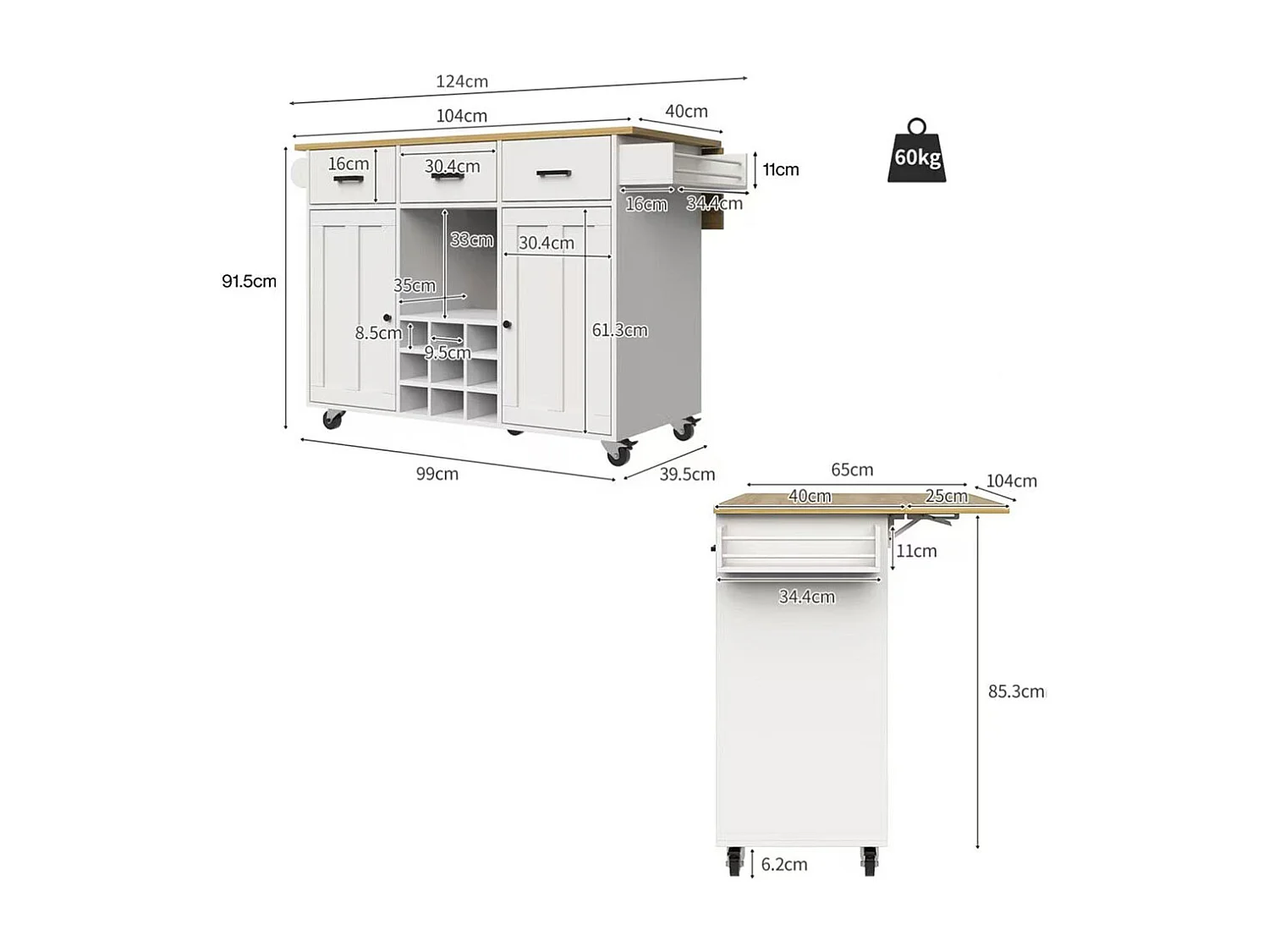 Chariot de service cuisine amovible plan de travail porte-serviettes étagère à épices plateau bois blanc