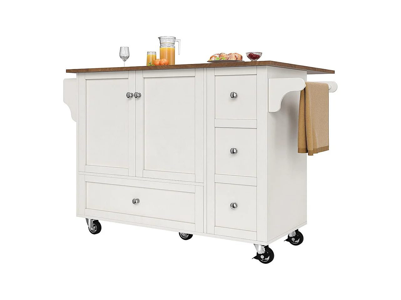 Chariot cuisine salle à manger amovible plan de travail porte-serviettes étagère à épices plateau bois blanc