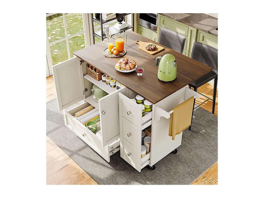 Chariot cuisine salle à manger amovible plan de travail porte-serviettes étagère à épices plateau bois blanc