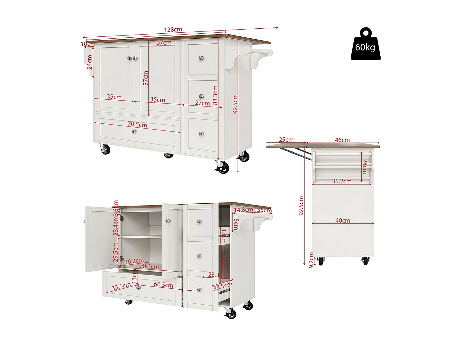 Chariot cuisine salle à manger amovible plan de travail porte-serviettes étagère à épices plateau bois blanc