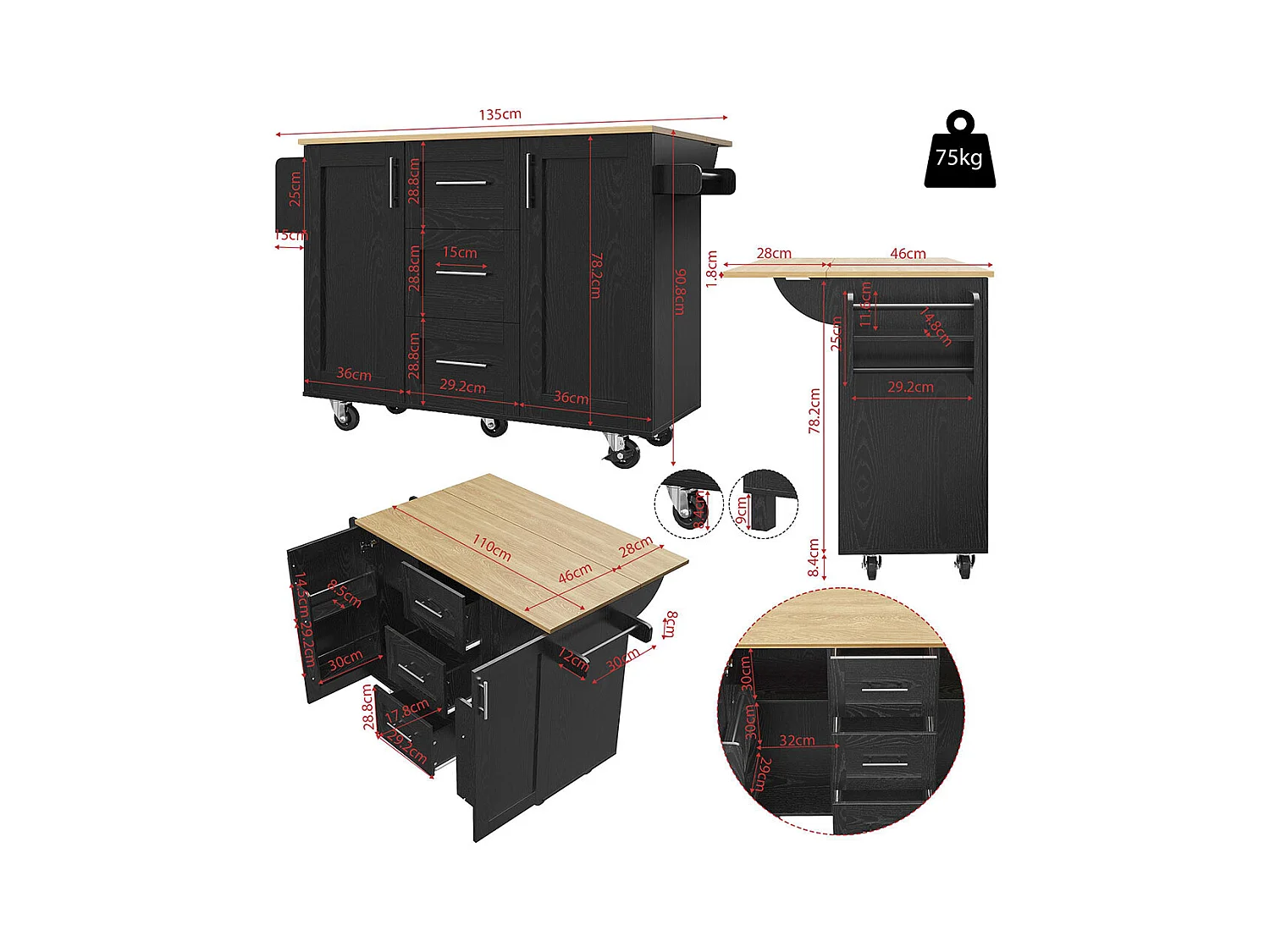 Chariot de service cuisine moderne cloisons amovibles buffet chariot service plateau bois rangements extensibles noir