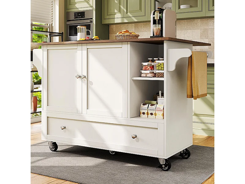 Chariot cuisine repas amovible rangements ouverts porte-serviettes étagère à épices plateau bois blanc